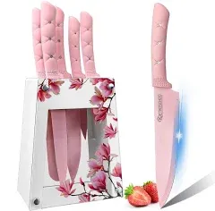 Kitchen Knife Set, Pink Flower 6PC Stainless Steel Sharp Chef Cooking Non-sli...