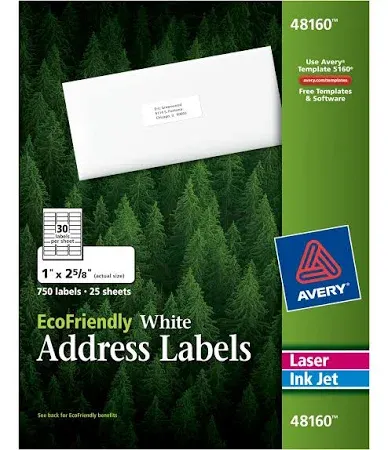 Avery EcoFriendly Laser/Inkjet Easy Peel Mailing Labels 1 x 2 5/8 White 750/Pack