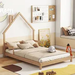 Bellemave Full Size Bed Frame for Kids,House-Shaped Headboard Kids Bed,Girls Bed with Handrails,Low Platform Bed for Boys Girls,No Box Spring Needed