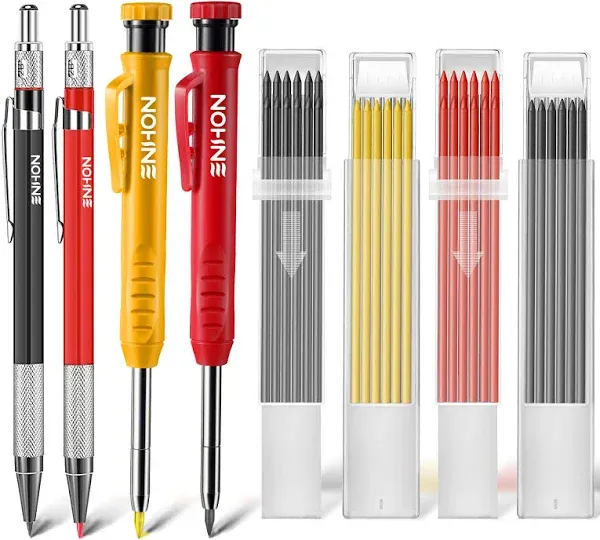 Enhon Mechanical Pencil Set with 4 Carpenter Pencils and 40 Construction Pencil Refill, Woodworking Tools for Carpenters, Long Head Deep Hole Marker with Built in Sharpener(Black, Red, Yellow)