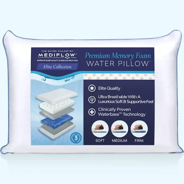 Mediflow Water Pillow - Elite Collection, Down Alternative Pillow. Orthopedic Pillow for Neck Pain Relief, Adjustable Water Pillow for Sleeping.