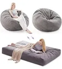 Giant Bean Bag Chair, Large Bean Bag Chairs for Adults, Convertible Bean Bag Bed, Big Beanbag Chair with Microfiber Cover, Huge Bean Bag Couch Sofa Floor Bed Mattress, Foam Filler (Grey Full)