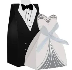 100pcs Party Wedding Favor Dress & Tuxedo Bride and Wholesale Candy Favor Box, Creative Dress Gift Box Bow-knot Bonbonniere for Christmas Wedding Party Birthday Bridal Shower Decoration