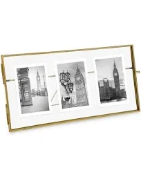 Isaac Jacobs 3-Photo Vintage Style Glass and Metal Floating Picture Frame (Horizontal) w/Locket Closure; (Fits 3 2x3 photos) for Photos, Art, & More, Tabletop Display (Three-2x3, Antique Gold)