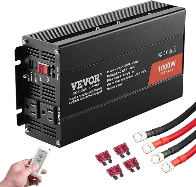 VEVOR 1000W Pure Sine Wave Inverter, DC 12V to AC 120V Power Inverter with 2 AC Outlets 2 USB Port 1 Type-C Port, Remote Control for Small Home Devices Like Smartphone Laptop, CE FCC Certified