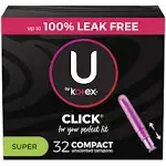 U By Kotex Click Compact Tampons, Unscented, Plastic Applicator, Super - 32 tampons