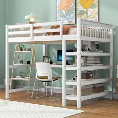 Modern White Wood Full Loft Bed with Under-Bed Desk, Storage Shelves, and Built-in Ladder