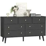 SINROM 55” Black Dresser, 7 Drawer Dresser for Bedroom with Wide Drawers and Gold Knobs, Wood Dressers & Chests of Drawers