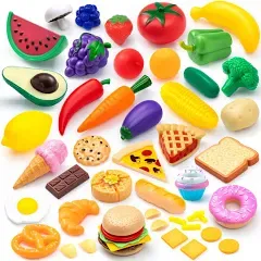 50Pcs Kids Play Food Toys, Pretend Play Kitchen Toys, Dinnerware, Dummy Fruits, Vegetables for Kids Toddlers, Halloween Birthday Gifts Party Supplies