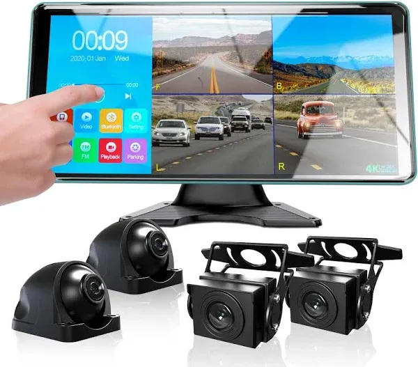 ASLONG 4K Backup Camera 4CH Dash Cam with 10.36" Quad Split Touch Screen & 4 AHD Front Rear Sides View Camera w/DVR Recording Music Video Playback Avoid Blind for RV Semi Trailer Truck Van