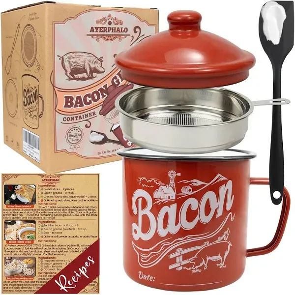 Bacon Grease Container with Strainer - 46OZ Large Capacity, With Silicone Woo...