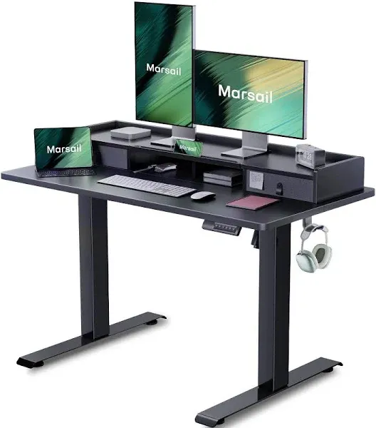 Marsail Electric Standing Desk with Dual Drawers, 55x24 Inches Height Adjustable Desk with Storage Shelf,Sit Stand Desk with 4 Memory Preset,2 Storage Hooks, Stand Up Desk for Home Office,Carbon Black