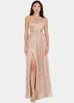 Dress The Population Kienna Metallic Cutout Detail One-Shoulder Gown in Beige-Bronze