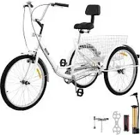 VEVOR Tricycle Adult 24&#039;&#039; Wheels Adult Tricycle 1-Speed 3 Wheel Bikes White For