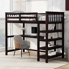 Full Size Loft Bed with Desk Underneath and Storage Shelves, Wooden Versatile High LoftBed Frame for Kids Teens Adults Bedroom Dorm, Espresso