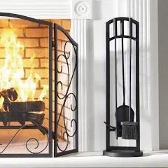 Pleasant Hearth 4-Piece Steel Fireplace Tool Set in Black | FA219TA