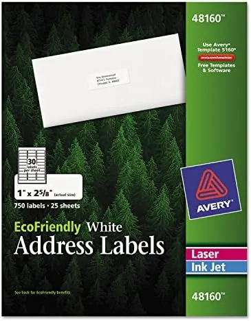 Avery 48160 EcoFriendly Laser/Inkjet Address Labels, 1 x 2-5/8, White, 750/Box