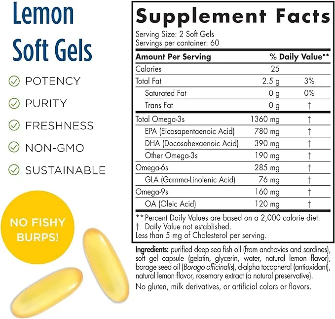 Nordic Naturals ProOmega 3-6-9, Lemon Flavor - 120 Soft Gels -1360 mg Omega-3 - EPA & DHA with Added GLA - Healthy Skin & Joints, Cognition, Positive Mood - Non-GMO - 60 Servings