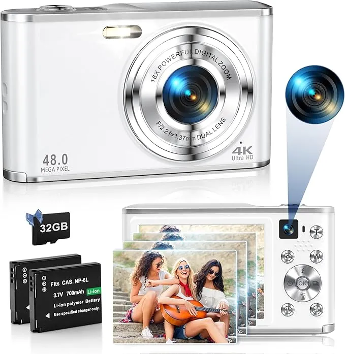 Digital Camera 4K 48MP Autofocus Vlogging Camera with Rear and Front Camera for Photography, 16X Digital Zoom Point and Shoot Cameras with 32GB Card & 2 Batteries Camera for Boys Girls Kids - White