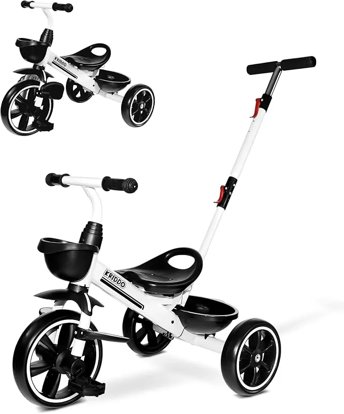 KRIDDO 2-in-1 Toddler Tricycle for Ages 18 Months to 5 Years Old - Extended Push Handle for Effortless Push, Gift Trike for Toddler 3 to 5 Year, Kids Tricycle with Foldable Front Footrest, White