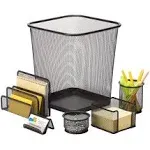 6-Piece Steel Mesh Desktop Organizing Set with Trash Can, Black