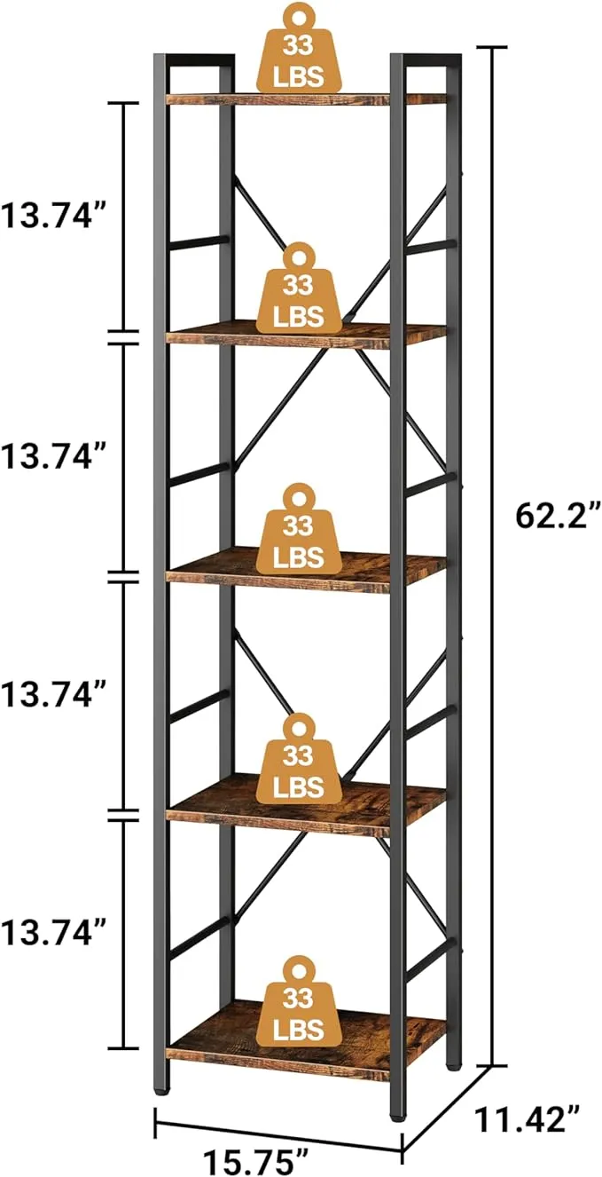 5 Tier Tall Bookshelf, Tall Bookcase with 5 Open Shelves, Metal and Wood Office Book Shelf Bookcase, Standing Storage Organizer Shelf for Bedroom Living Room, Rustic Brown