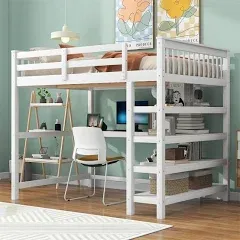 Full Size Loft Bed with Desk & 4-Storage Shelves, Wood Loft Bed Frame with Safety Guard Rail and Under-Bed Desk, Noise Free, No Box Spring Needed, White