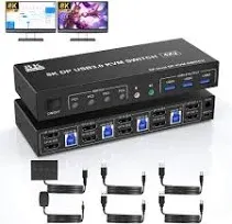 8K@60Hz USB 3.0 Displayport KVM Switch 2 Monitor 4 Computer Dual Monitor Audio.