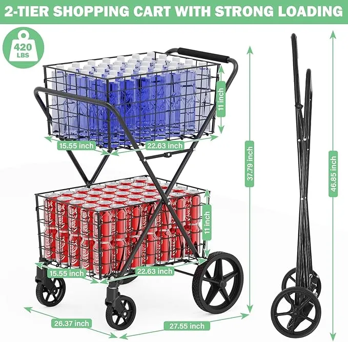 [2024𝐍𝐄𝐖] 2-Tier Extra Large Collapsible Grocery Cart On Wheels, 400lbs Shopping Cart For Groceries With 2 Removable Baskets, Waterproof Liner, Heavy Duty Foldable Shopping Utility Cart For Seniors