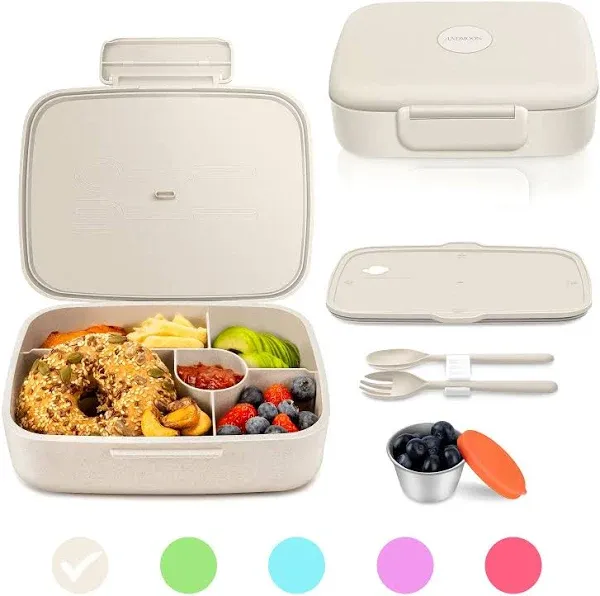 Bento Lunch Box with Kids/Adults, 5 Compartments Leakproof Lunch Container with Dressing Cup, Eco-Friendly Double Insulated Boxes, Dishwasher and Microwave Safe, BPA-Free (white)