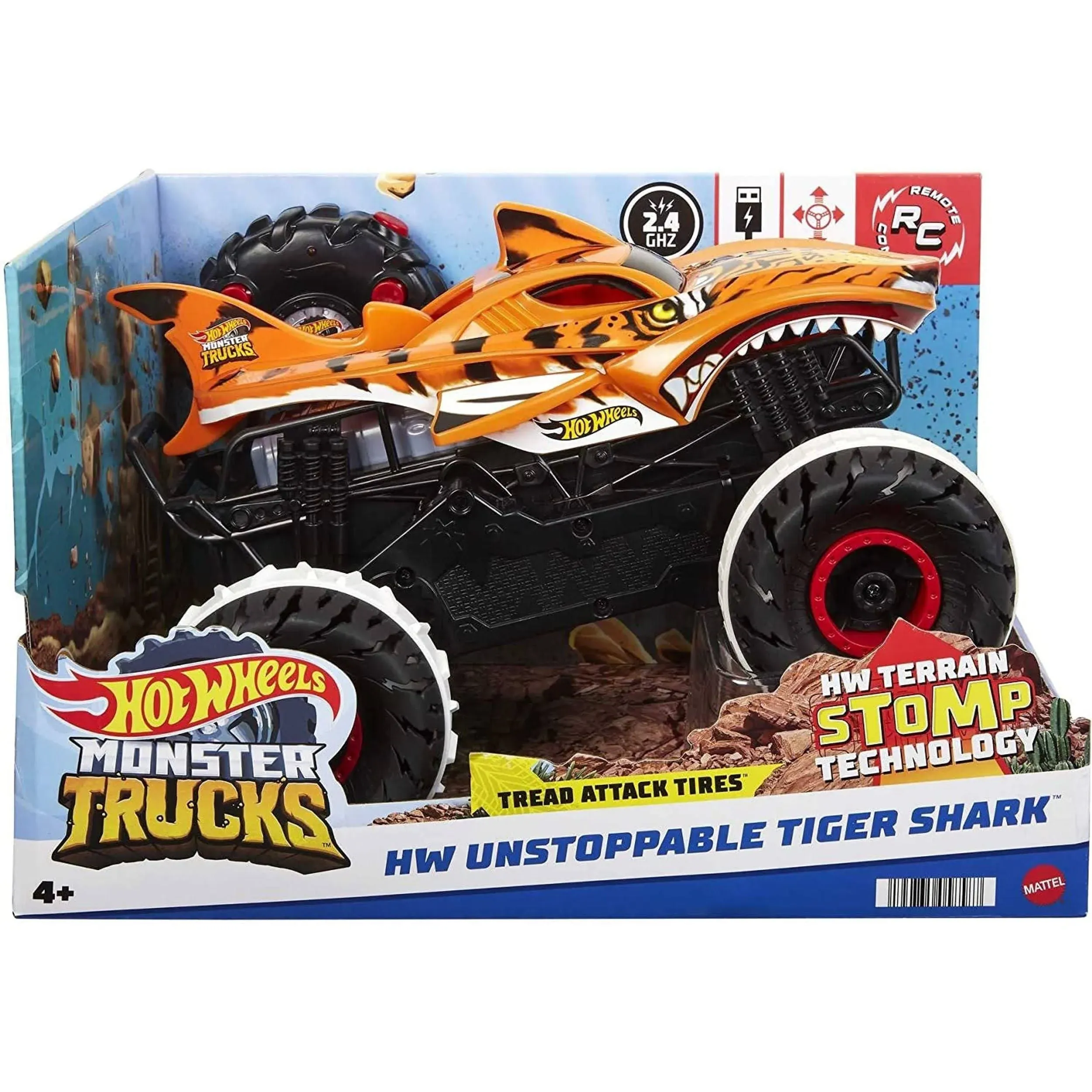 Hot Wheels Monster Trucks Remote Control Car, Unstoppable Tiger Shark with Tread