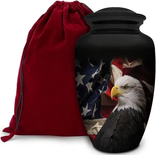 Patriotic Hearts Eagle Urn for Human Ashes | American Flag Cremation Urn for Adults, Veteran, Medium Size, Handmade Funeral Urns with Velvet Bag