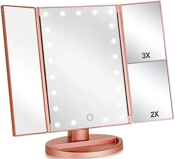 Tri-fold Lighted Vanity Makeup Mirror with 3x/2x Magnification,<wbr/>21 Rose Gold