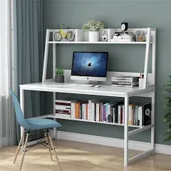 47 Inches Computer Desk with Hutch and Bookshelf White Medium