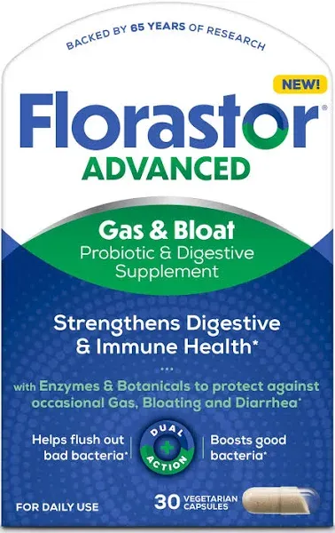 Florastor Advanced Gas and Bloat Probiotic and Digestive Supplement 30 Capsules