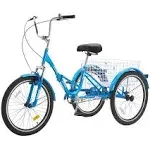 VEVOR Folding Adult Tricycle 24-Inch Carbon Steel 3 Wheel Cruiser Bike with Large Basket & Adjustable Seat Blue ZDKRLSLCLS24JX6LTV0