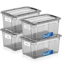 Tribello 6 Quart Storage Containers with Lids, Plastic Storage Bins with Latching Lids For Organizing - Tinted - (11.5’ x 8” x 6”) - Set of 4 - Made in EU