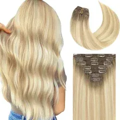 Lacerhair Clip in Human Hair Extensions Remy Hair Balayage Color Light Brown to Light Golden Blonde Highlight Platinum Blonde R