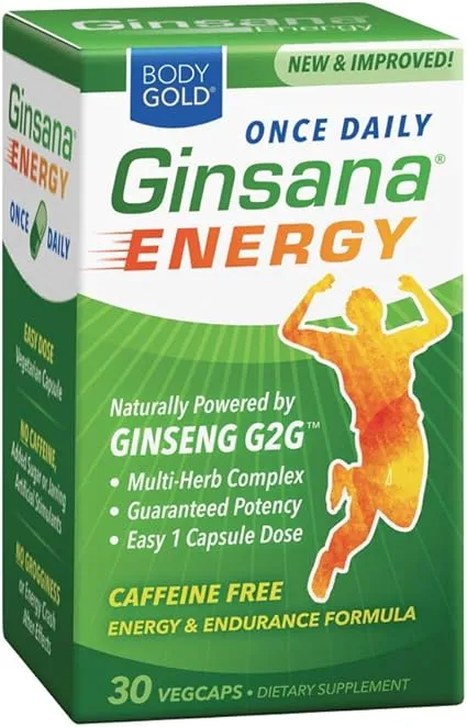 BodyGold Ginsana Energy, Once Daily | Panax Ginseng Extract w/Energizing Herbal Blend for Focus & Endurance | No Caffeine | 30 VegCap