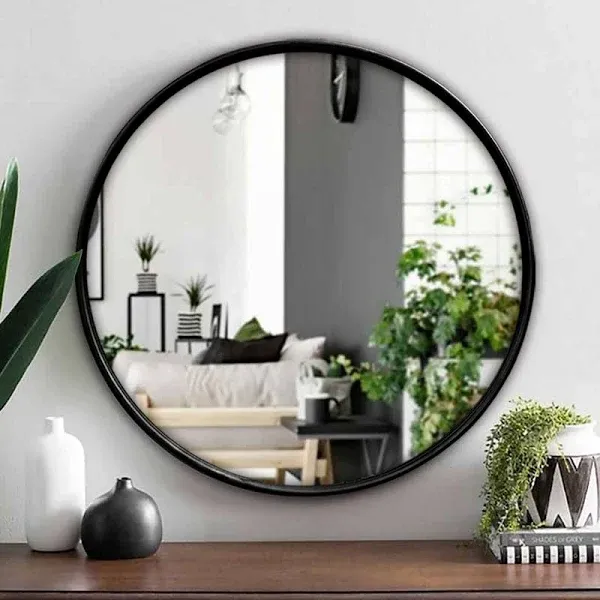 Round Black Mirror 24 Inch for Wall, Rustic Metal Frame Circle, Matte Black Bathroom Vanity Mirror Farmhouse, Anti-Rust, Tempered Glass