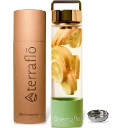 Terraflo Fruit Infuser Premium Glass Water Bottle 24 oz (700 mL) - Removable Anti-Slip Silicone Sleeve - Top Handle Lid - Stainless Steel Filter for Infusion - Infused Bottles for All (Black & Tan)