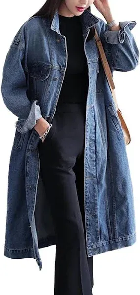 Jofemuho Womens Classic Long Jean Jacket Plus Size Loose Long Sleeve Button Down Denim Jacket Trench Coat