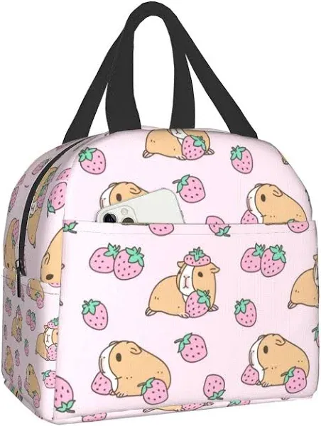 Insulated Lunch Bag Women, Reusable One Size, Pink Guinea Pig And Strawberry 