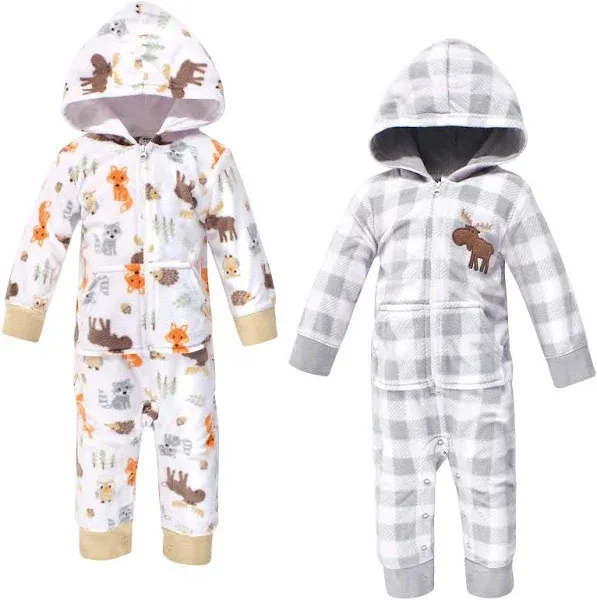 Hudson Baby Size 0-3M 2-Pack Woodland Fleece Jumpsuits grey