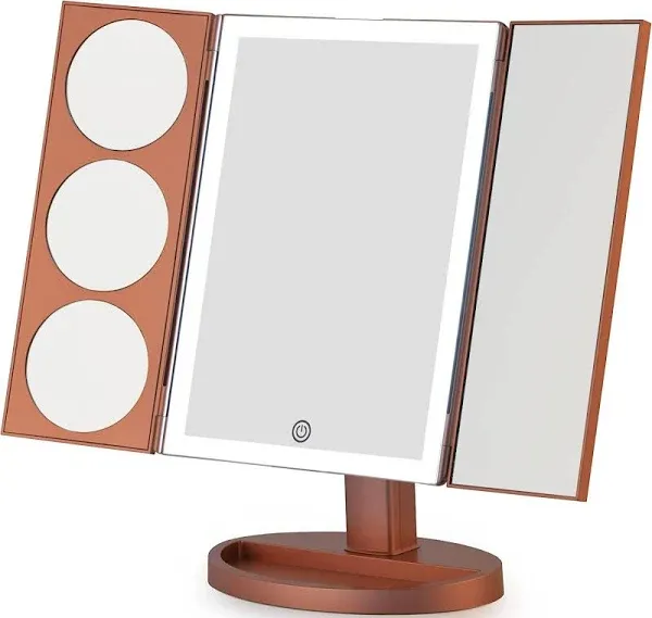 MIRRORVANA® X-Large Vanity Makeup Mirror with LED Lights | 360° Rotatable Extravagant Trifold Cosmetic Mirror with 10X, 5X, 3X Magnification for Women, Teens and Girls (Rose Gold)