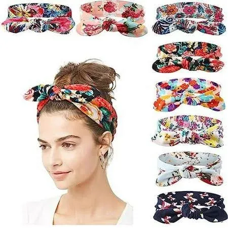 DRESHOW 8 Pack Adjustable Knotted Headbands Cotton Elastic Non Slip Hair Bands Floral Yoga Headbands for Women