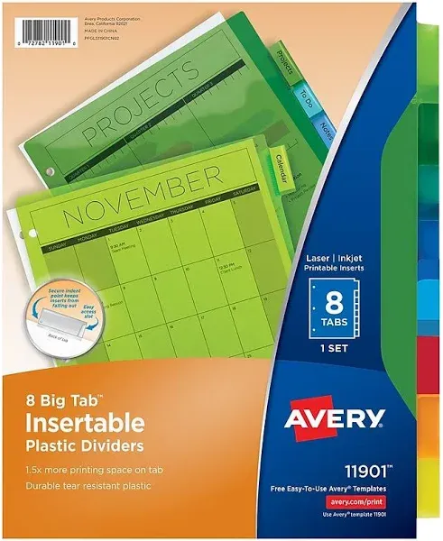 Avery Dividers for 3 Ring Binders, 5-Tab Binder Dividers, Plastic Binder Dividers, Insertable Big Tabs, Multicolor, 1 Set (11900)