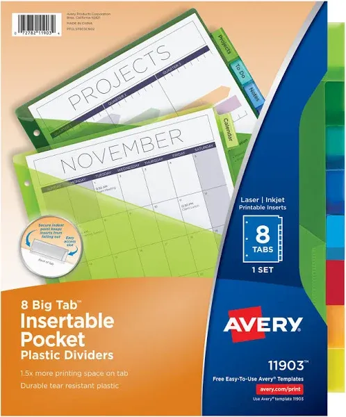 Avery 11903 Pocket Insertable Dividers, Plastic, 8-Tab, Multi-Color