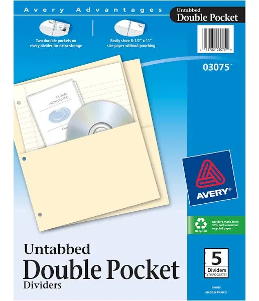 Avery Untabbed Double Pocket Dividers for 3 Ring Binders, Manila, Pack of 5 Dividers (03075)