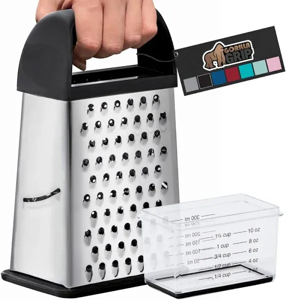 Gorilla Grip Box Grater, Stainless Steel, 4-Sided Graters with Comfortable Handle and Storage Container for Cheese